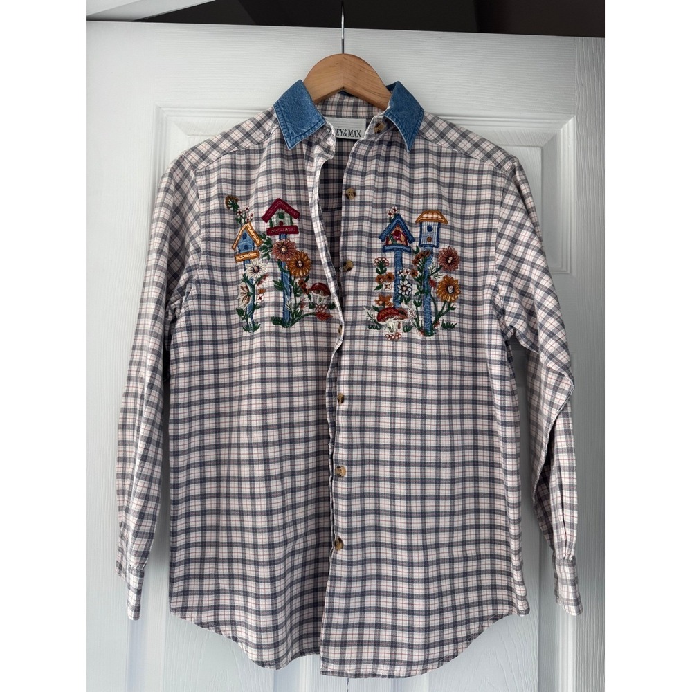 Vintage Plaid Garden Embroidered Button Down Denim Collar Cottagecore Garden 90s